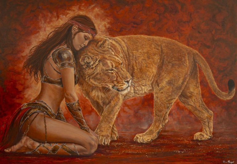 Megin: Lionne et force intérieure Lionne et femme, peinture animalière symbolique, force intérieure et Energie primitive