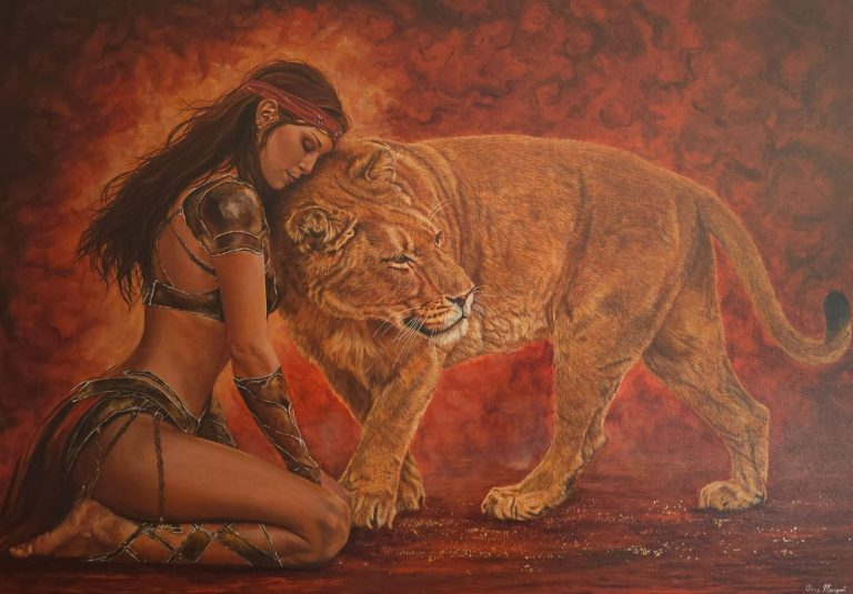 Megin: Lionne et force intérieure Lionne et femme, peinture animalière symbolique, force intérieure et Energie primitive